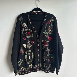 Vintage Black Cardigan with Festive Embroidery